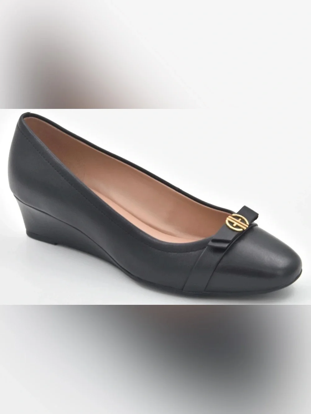 New Cole Haan Malta Bow  Black Wedge Pump with Gold Accent